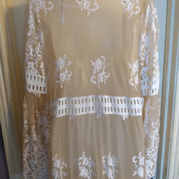 Forever 21 Maxi Sheer Cardigan Topper Kimono Embroidered Beige White Macrame L - Picture 12 of 13